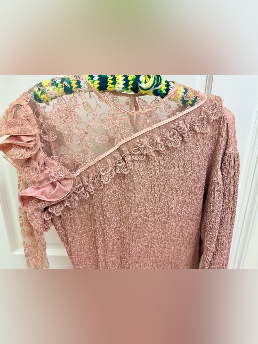 LA PASITEA Vintage Rare Made In Italy Fairy Y2K Dusty Rose Crinkled Lace Dress - Picture 4 of 16